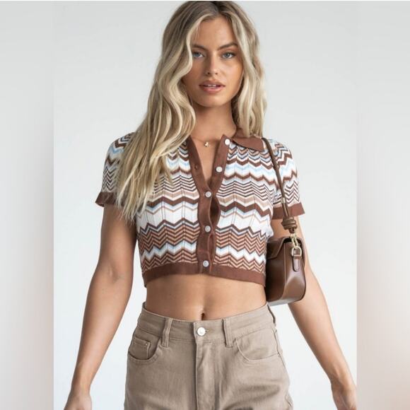 Princess Polly Idris sweater top, size XS/Small, button front, collar, brown - Picture 1 of 4